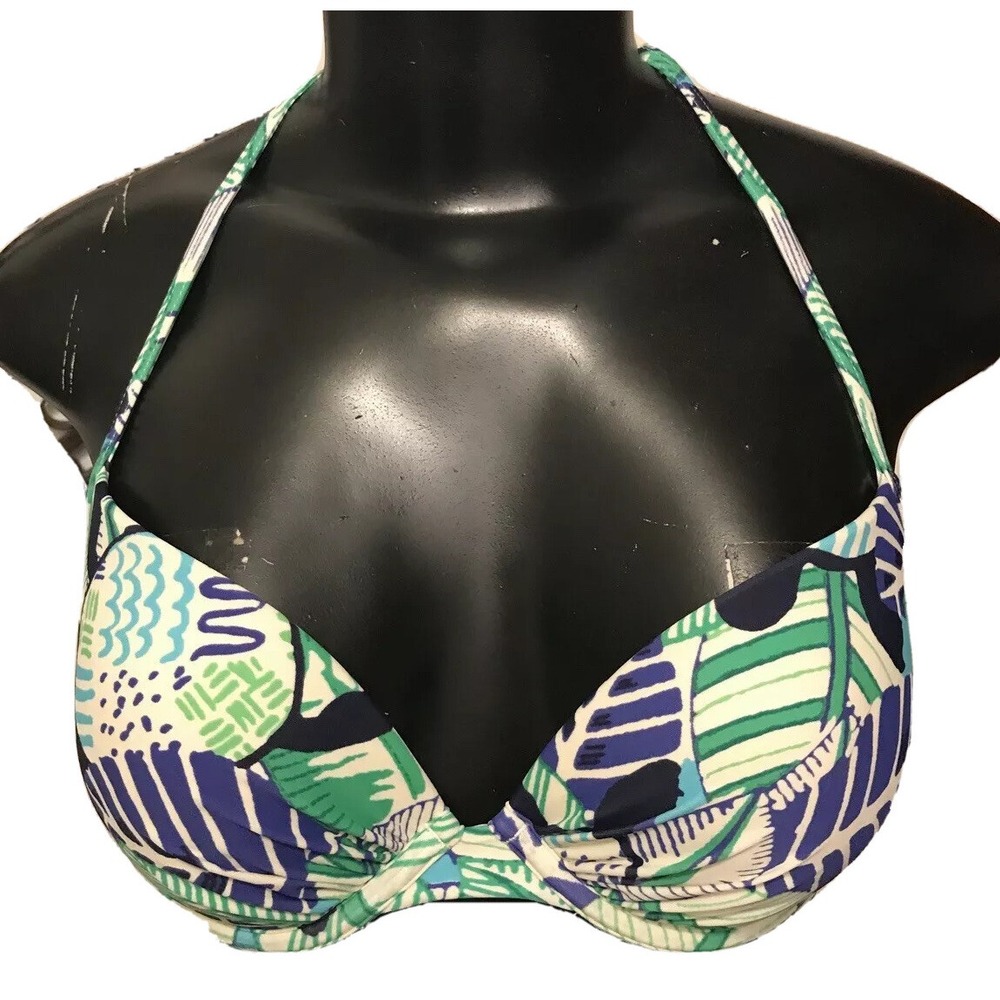 34C‎ Aerie Brooke Tie Padded Underwire Floral Leaf Bikini Top Blue Green Ivory